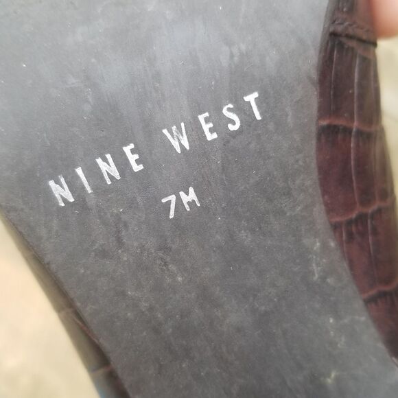 Vintage 90s y2k Brown Leather Croc Embossed Square Toe Chunky Heel Pumps 7 - Picture 5 of 14